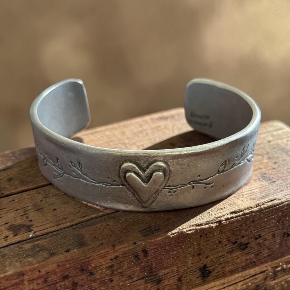 Let Love Grow Heart Cuff Bracelet Pewter Tone Inspirational Rustic Boho Gift